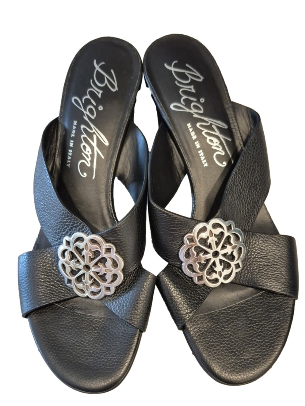 Brighton Alison Black Leather Slide Sandals with Silver Medallion